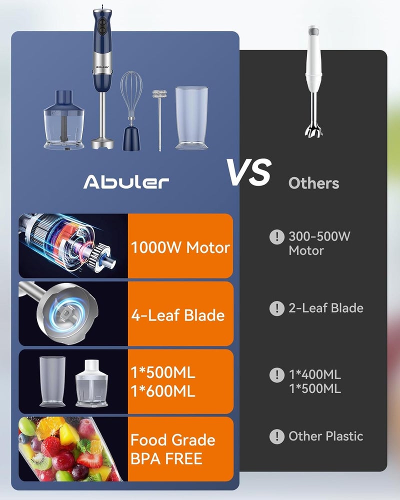 Abuler Immersion Blender Handheld 1000W 5 in 1 Corded Stick Hand Blender Kitchen with 12 Speed, BPA-Free, Mixing Beaker, Chopper, Whisk, Milk Frother, Perfect Emulsifier for Soup, Baby Food, Sauce, Puree - Image 3